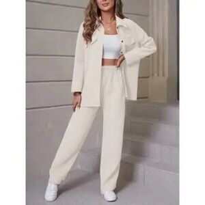 Waffle Knit Collar Cardigan & Pants Set - 2 piece set (white cami not included)
